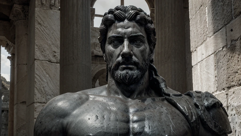 a portrait statue of the stoic Marcus Aurelius in black and white 4K, Super realistic ANCIENT GREEK RUINS, fully body, corpo stark, brawny, stark, wearing no shirt, tronco stark, stark, wearing no shirt, strong arms, 8K, ultra realisitic, cinematographic