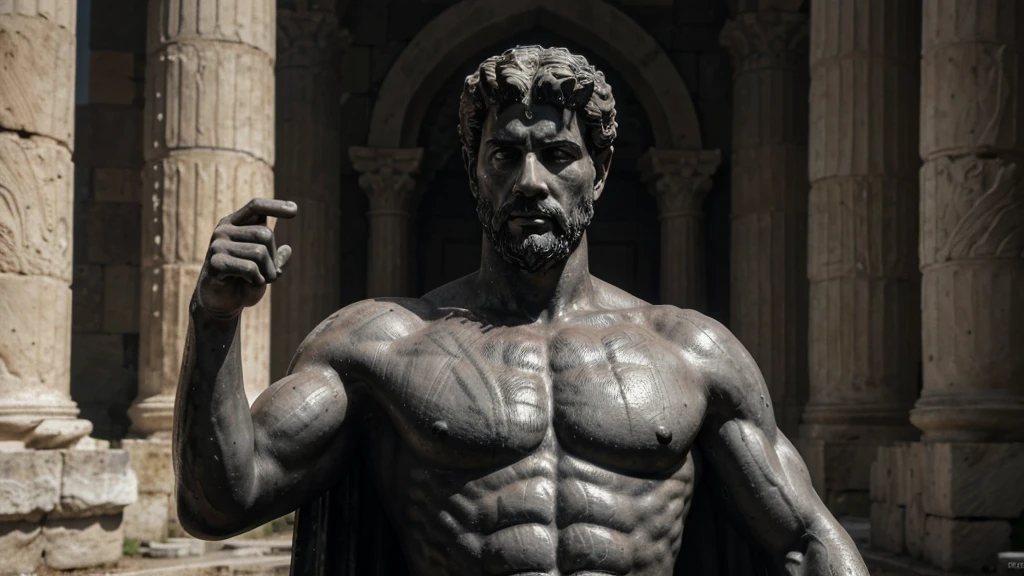 a portrait statue of the stoic Marcus Aurelius in black and white 4K, Super realistic ANCIENT GREEK RUINS, fully body, corpo stark, brawny, stark, wearing no shirt, tronco stark, stark, wearing no shirt, strong arms, 8K, ultra realisitic, cinematographic
