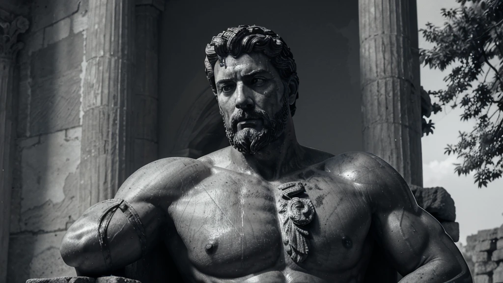 a portrait statue of the stoic Marcus Aurelius in black and white 4K, Super realistic ANCIENT GREEK RUINS, fully body, corpo stark, brawny, stark, wearing no shirt, tronco stark, stark, wearing no shirt, strong arms, 8K, ultra realisitic, cinematographic