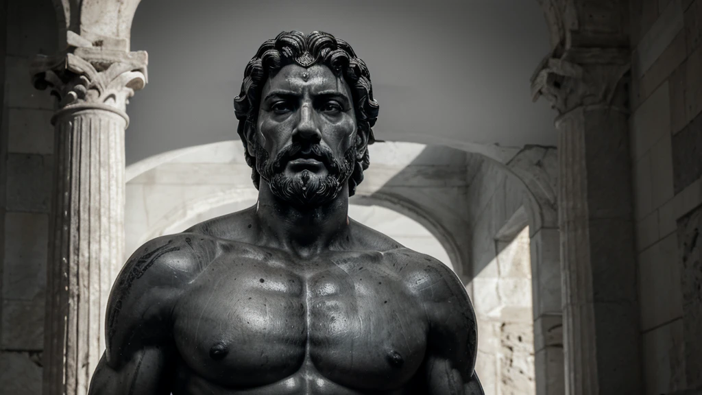 a portrait statue of the stoic Marcus Aurelius in black and white 4K, Super realistic ANCIENT GREEK RUINS, fully body, corpo stark, brawny, stark, wearing no shirt, tronco stark, stark, wearing no shirt, strong arms, 8K, ultra realisitic, cinematographic