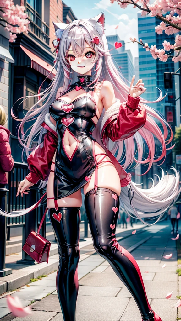 Half Red and silver hair, pink eyes, woman, teal blue gold clothes,happy face, sexy, cat ears, hearts, floating hearts, thigh high tights,  long hair, smiling, cherry blossom, hair ornament