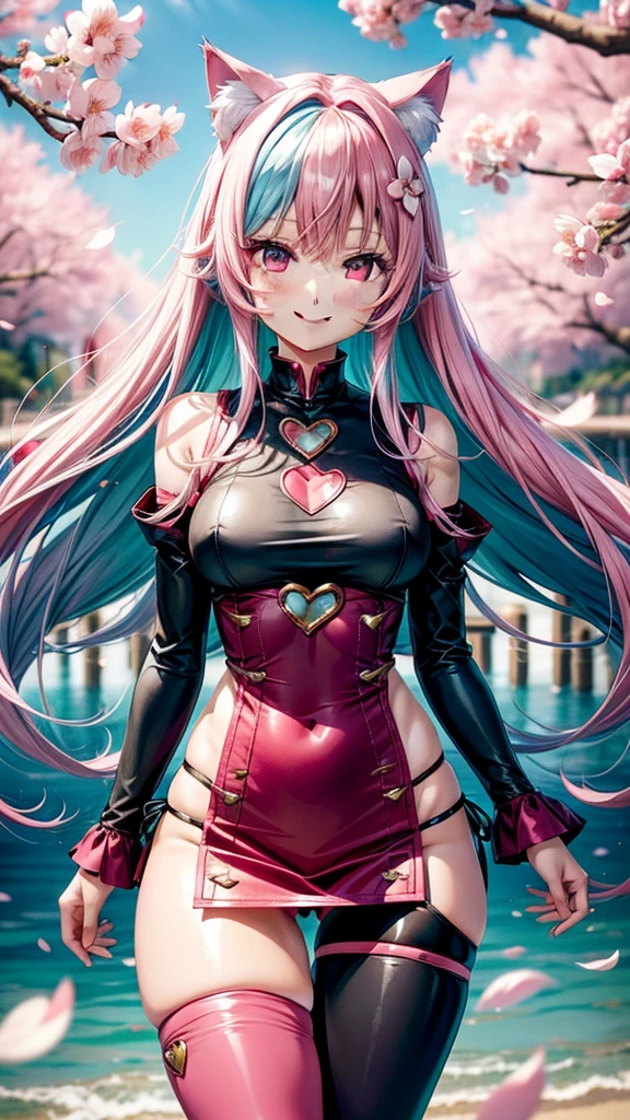 Half Red and silver hair, pink eyes, woman, teal blue gold clothes,happy face, sexy, cat ears, hearts, floating hearts, thigh high tights,  long hair, smiling, cherry blossom, hair ornament