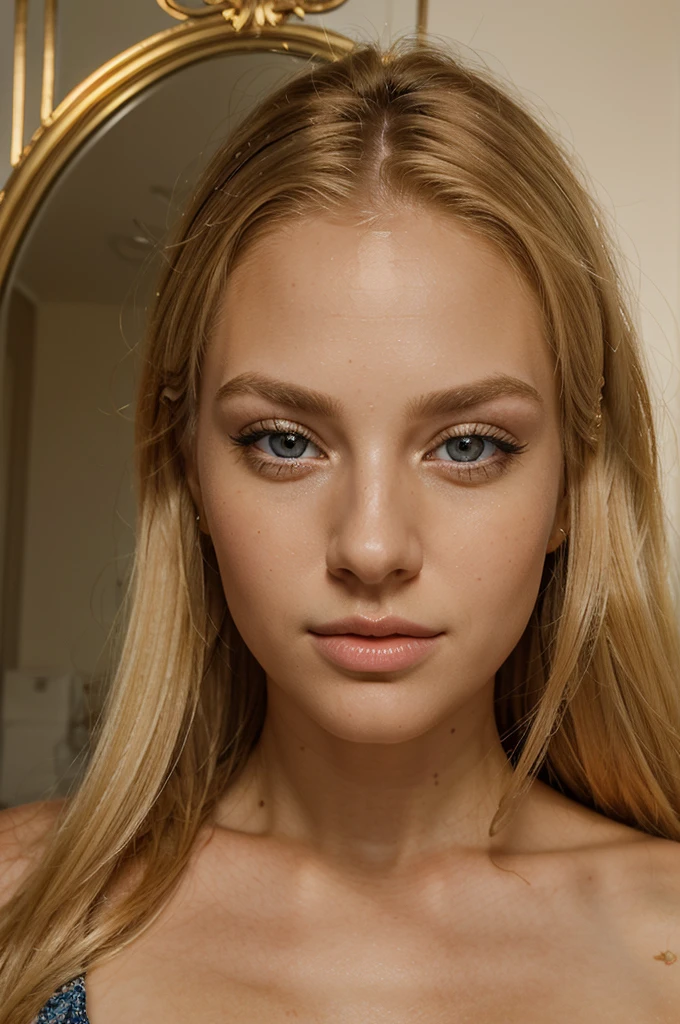 a beautiful blonde woman, sunset, beautiful golden blonde hair, detailed eyes, beautiful detailed lips, extremely detailed face, long eyelashes, beautiful detailed portrait, taking a selfie at the miror