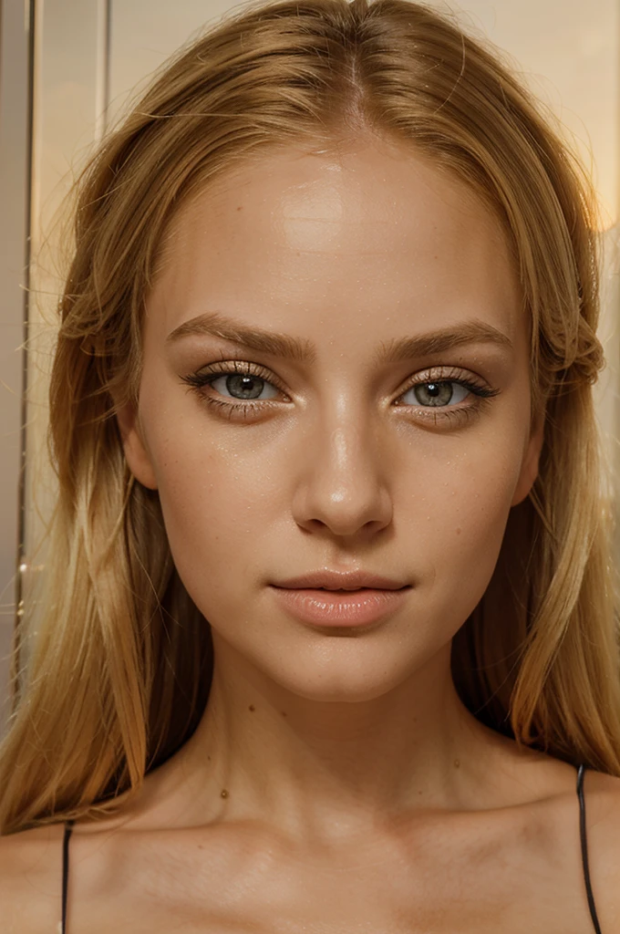 a beautiful blonde woman, sunset, beautiful golden blonde hair, detailed eyes, beautiful detailed lips, extremely detailed face, long eyelashes, beautiful detailed portrait, taking a selfie at the miror