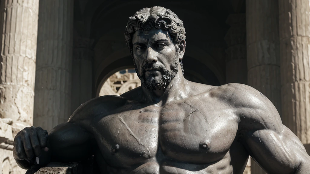 a portrait statue of the stoic Marcus Aurelius in black and white 4K, Super realistic ANCIENT GREEK RUINS, fully body, corpo stark, brawny, stark, wearing no shirt, tronco stark, stark, wearing no shirt, strong arms, 8K, ultra realisitic, cinematographic