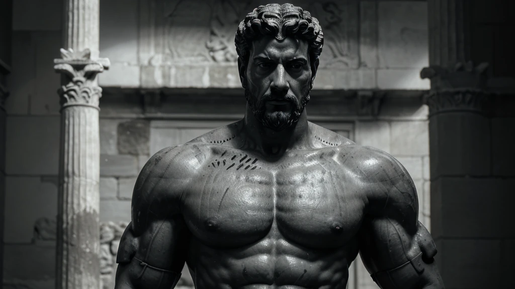a portrait statue of the stoic Marcus Aurelius in black and white 4K, Super realistic ANCIENT GREEK RUINS, fully body, corpo stark, brawny, stark, wearing no shirt, tronco stark, stark, wearing no shirt, strong arms, 8K, ultra realisitic, cinematographic