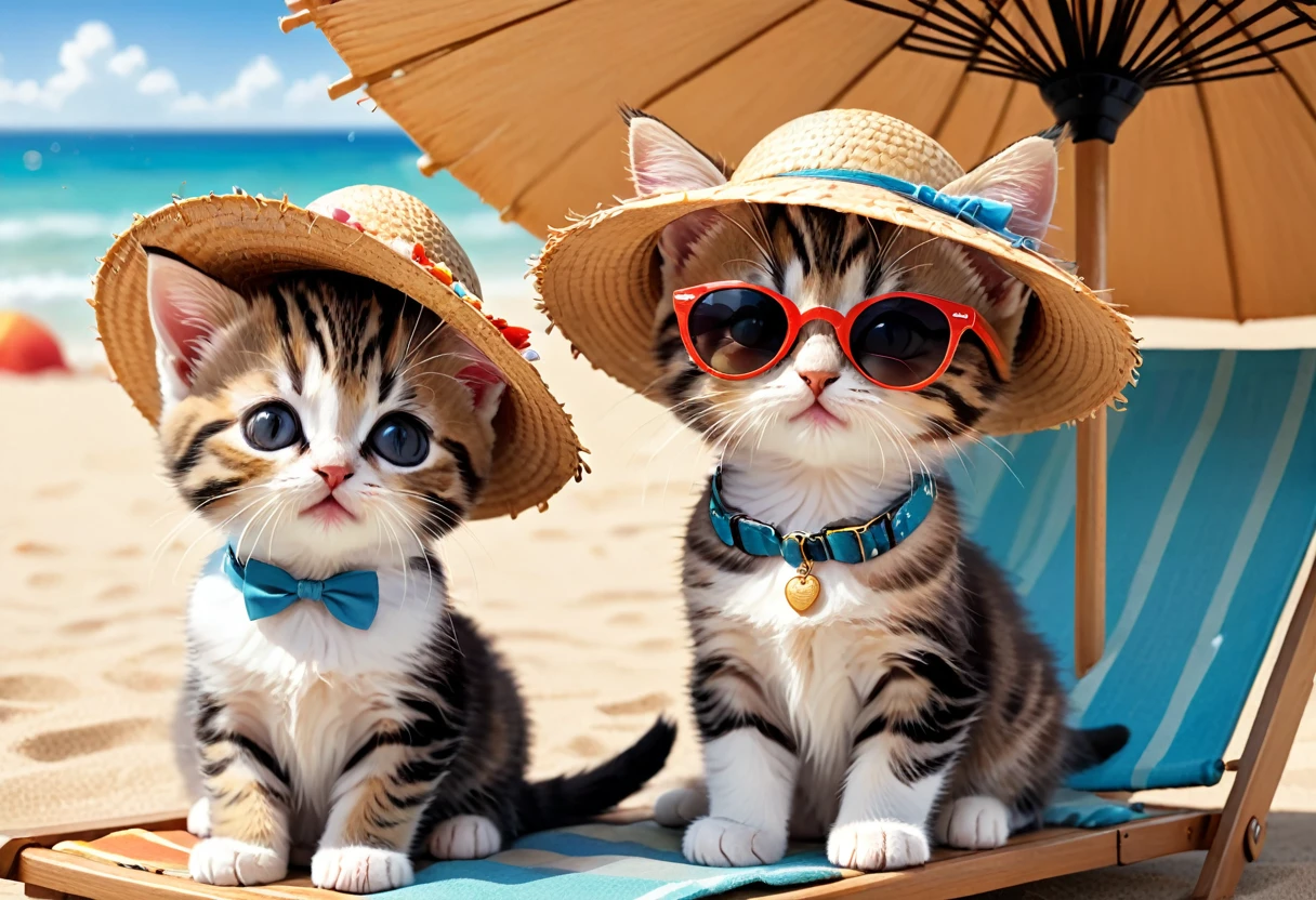 summer、Ocean、Sandy Beach、Deck chairs are placed under the parasol., Multiple beautiful cute kittens, The kitten wearing sunglasses looked at the other kitten intently and happily, A kitten wearing a straw hat looks happily at a kitten wearing sunglasses, The whole situation evokes joy and happiness, Pay attention to your kitten's emotional enthusiasm, Pay attention to your kitten's emotions of joy, Very detailed, Octane Rendering, 3d