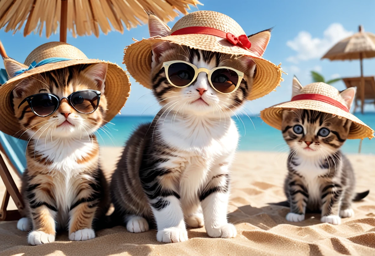 summer、Ocean、Sandy Beach、Deck chairs are placed under the parasol., Multiple beautiful cute kittens, The kitten wearing sunglasses looked at the other kitten intently and happily, A kitten wearing a straw hat looks happily at a kitten wearing sunglasses, The whole situation evokes joy and happiness, Pay attention to your kitten's emotional enthusiasm, Pay attention to your kitten's emotions of joy, Very detailed, Octane Rendering, 3d