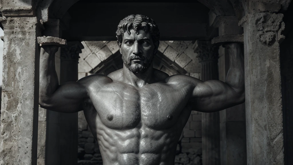 a portrait statue of the stoic Marcus Aurelius in black and white 4K, Super realistic ANCIENT GREEK RUINS, fully body, corpo stark, brawny, stark, wearing no shirt, tronco stark, stark, wearing no shirt, strong arms, 8K, ultra realisitic, cinematographic