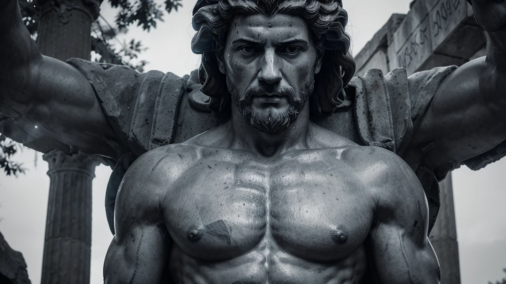 a portrait statue of the stoic Marcus Aurelius in black and white 4K, Super realistic ANCIENT GREEK RUINS, fully body, corpo stark, brawny, stark, wearing no shirt, tronco stark, stark, wearing no shirt, strong arms, 8K, ultra realisitic, cinematographic
