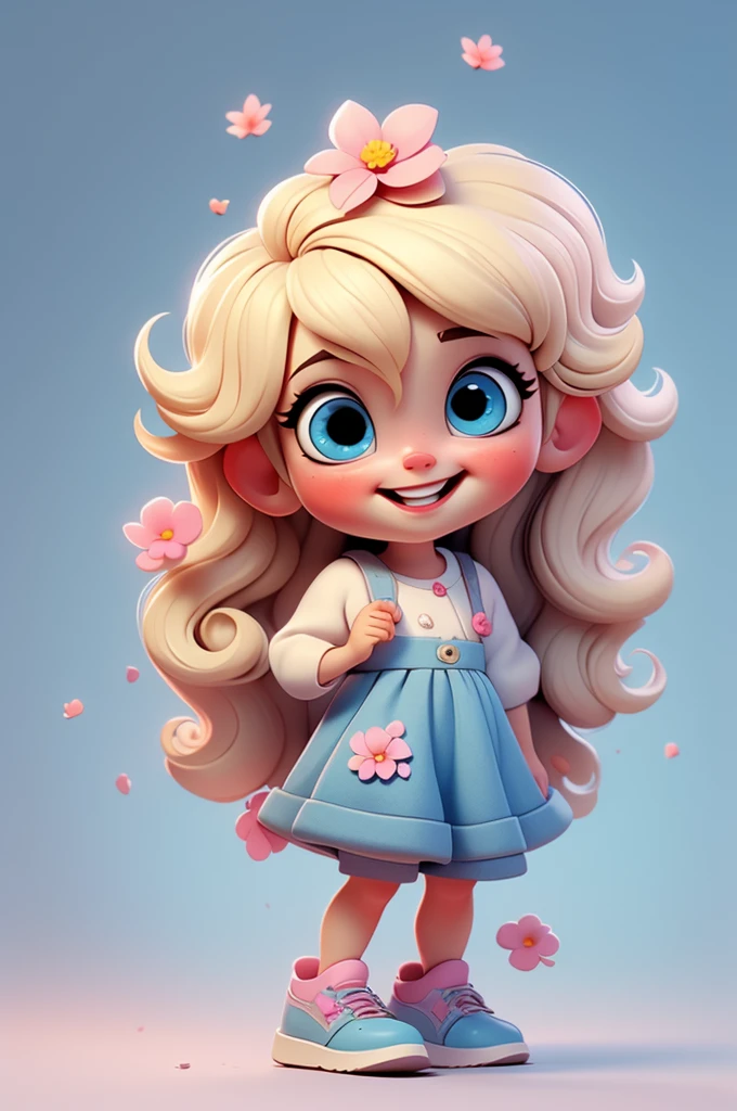 cute  chibi girl blonde hair, flower in head, white and pink background, smiling happy, blue eyes, big eleyelash, rosy cheeks, blue shoes
