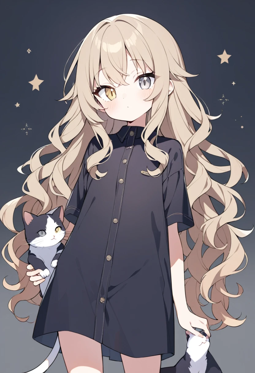 1 tall girl, Dark blonde long hair, slim build, wavy hair with knee length curls, small face, sectoral heterochromia (a gray eye with a cat's pupil and a purple eye with a cat's pupil), star ribbon on the right side of the hair, She has a short double braid on the left and right side of her head..... , extremely detailed face, Beautiful detailed eyes, beautiful detailed lips. short height 180cm, adorable, extremely detailed legs, (Best Quality, 4k, 8k, high resolution, Masterpiece: 1.2), ultra detailed, Exquisite and epic character art..., Amazing modern character trending theme..., character design (Character Reference Sheet: 1.10, Full body front and rear angle..), Black long stockings with elegant striped design..., Black platform heels, One Piece Long Ruffle Dress., black shoulder length gloves with gold star patterns, light gray belt over the dress, black necklace with heart emblem on the neck. Serval ears on the head..., It has a succubus tail that ends in a star shape..... Wide hips. Wears a black halo with purple star patterns.. big breast size