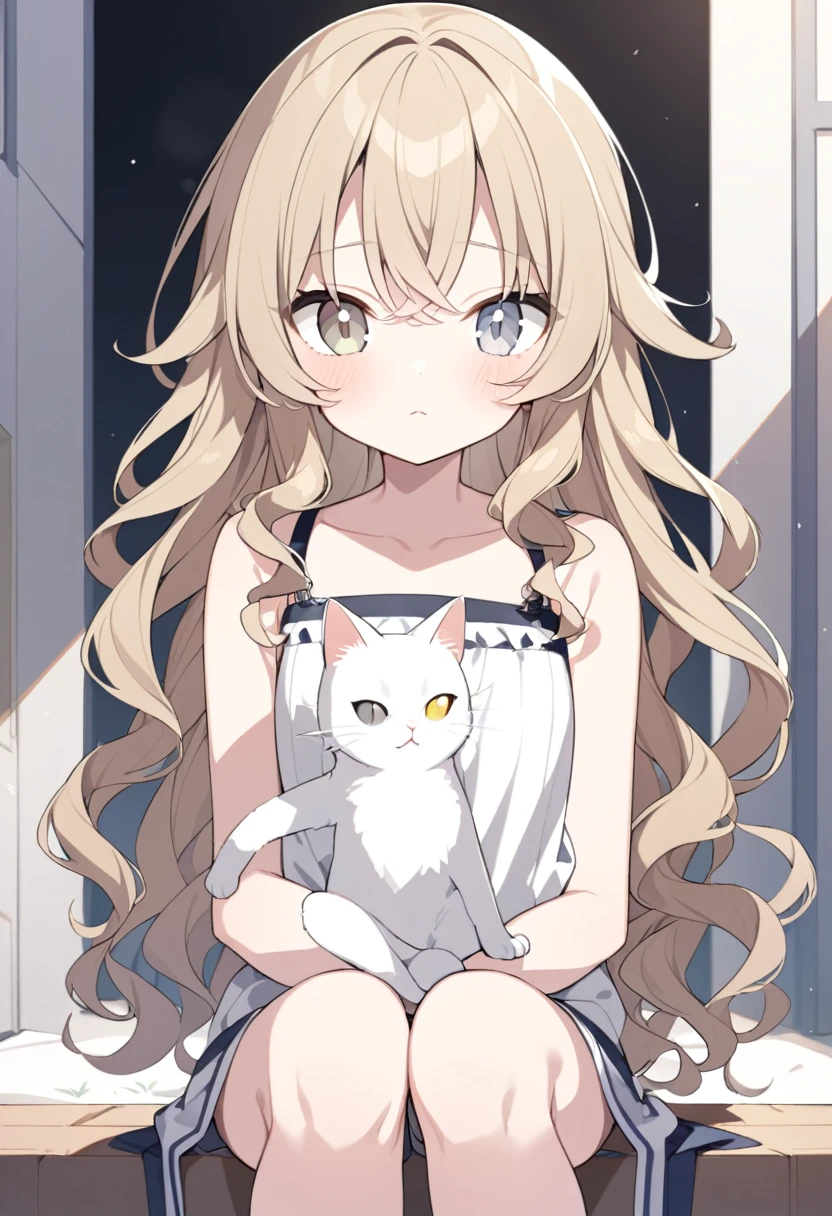 1 tall girl, Dark blonde long hair, slim build, wavy hair with knee length curls, small face, sectoral heterochromia (a gray eye with a cat's pupil and a purple eye with a cat's pupil), star ribbon on the right side of the hair, She has a short double braid on the left and right side of her head..... , extremely detailed face, Beautiful detailed eyes, beautiful detailed lips. short height 180cm, adorable, extremely detailed legs, (Best Quality, 4k, 8k, high resolution, Masterpiece: 1.2), ultra detailed, Exquisite and epic character art..., Amazing modern character trending theme..., character design (Character Reference Sheet: 1.10, Full body front and rear angle..), Black long stockings with elegant striped design..., Black platform heels, One Piece Long Ruffle Dress., black shoulder length gloves with gold star patterns, light gray belt over the dress, black necklace with heart emblem on the neck. Serval ears on the head..., It has a succubus tail that ends in a star shape..... Wide hips. Wears a black halo with purple star patterns.. big breast size