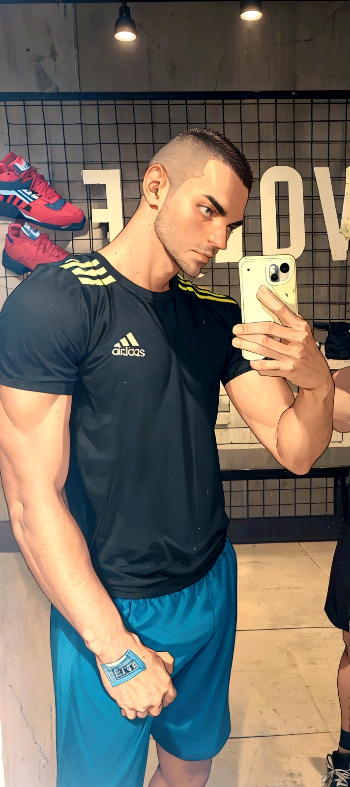 there are two men standing in a gym taking a photo, wearing adidas clothes, suitable photo, shoulders can be seen, he is 3 , he is about 30 years old, he is about 30 years, neon borders on the lower body, he is! about 30 years, inspired by Ludovit Fulla, sports clothes