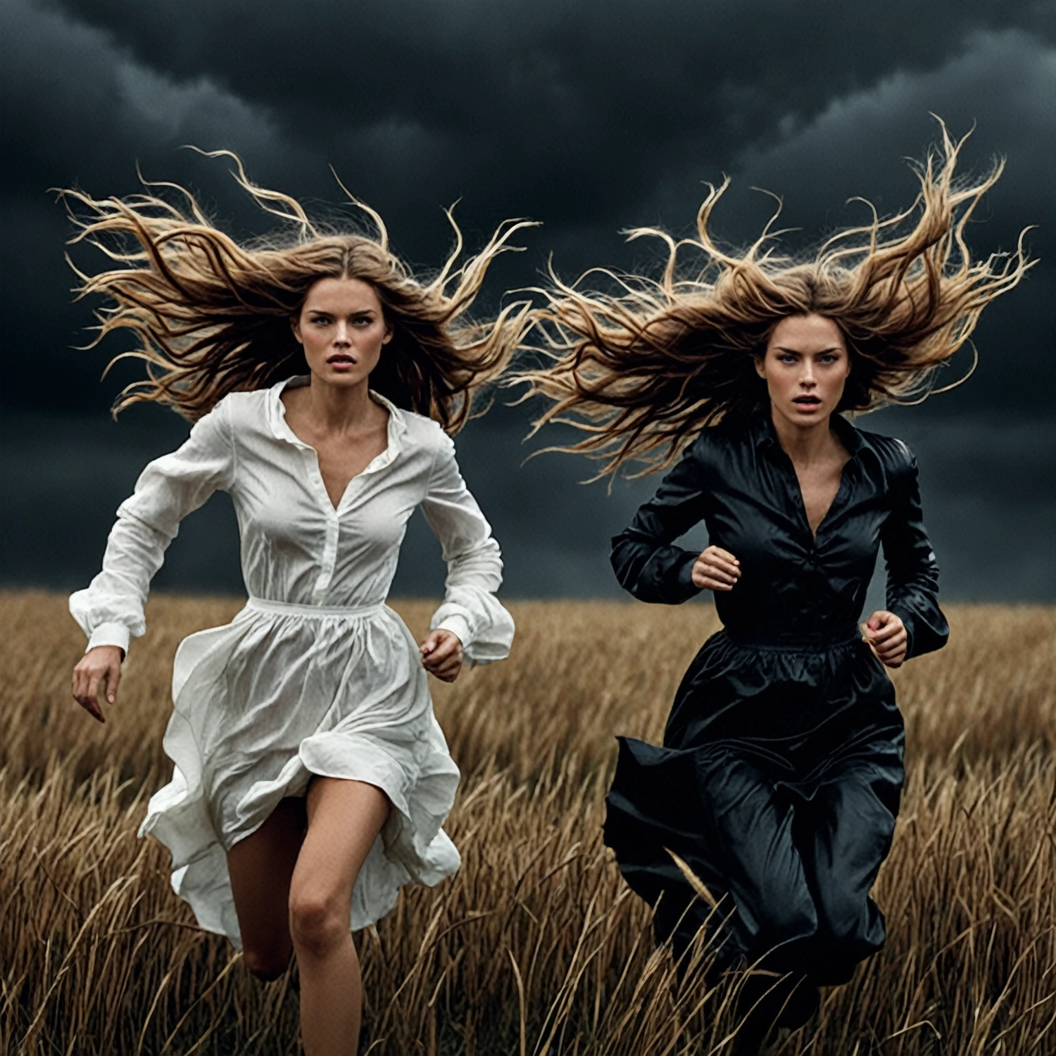 they are running through a field of tall grass under a cloudy sky, photo by Alexey Gurilev, photo by Alexey Kurylev, wind in your hair, the wind blows your hair, the wind blows and hair flutters, He runs between storms, wind in long hair, hair fluttering in the wind, inspired by Annie Leibovitz, Photo from Vogue magazine