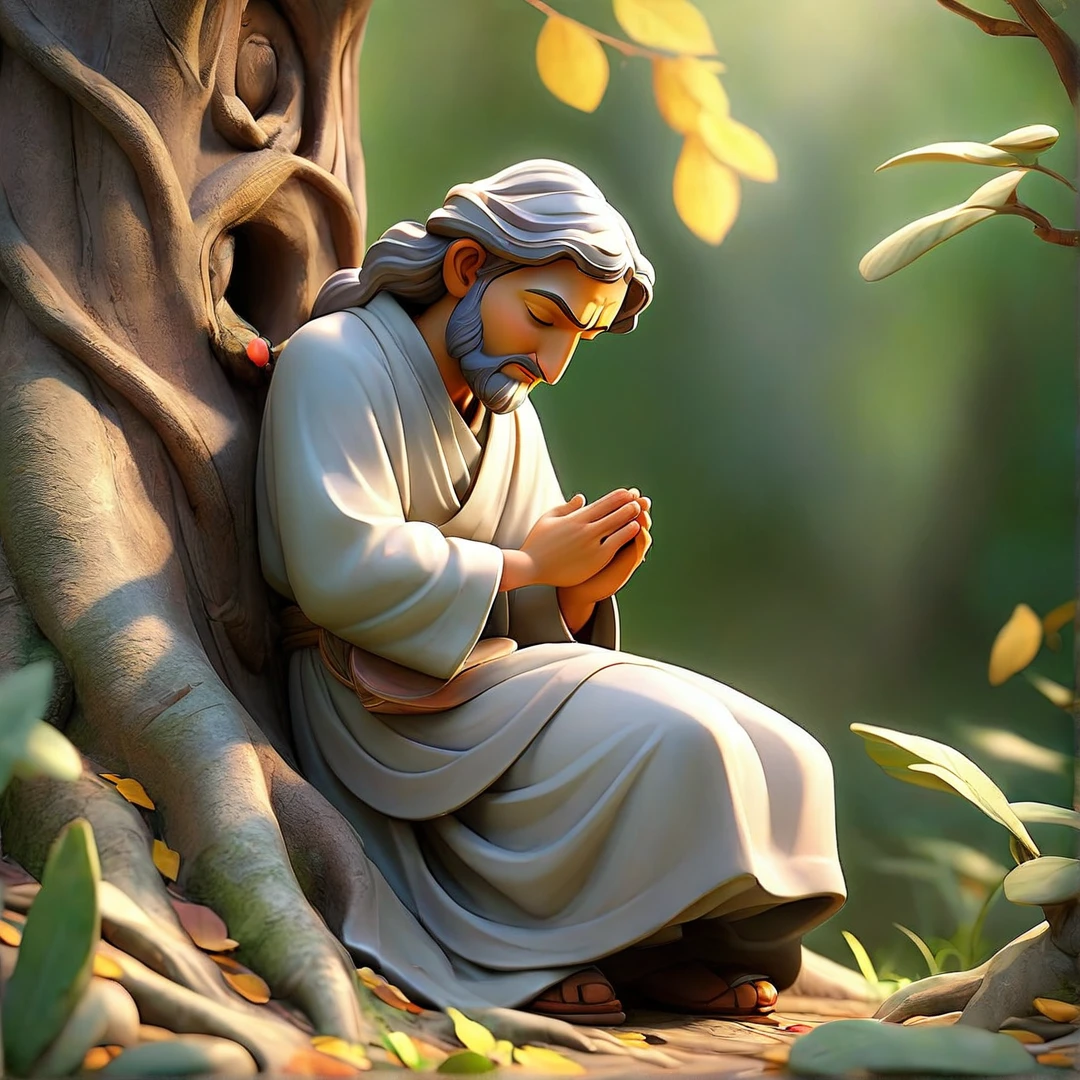 Sob a serene glass, on a peaceful day, a man kneels, in voracious prayer. Bible in hands, words of light, Seek the comfort that faith always translates. The shadow of the tree, shelter and refreshment, A sacred encounter, an ethereal moment. With eyes closed and heart open, Pray fervently, search for the right path. Every leaf that falls, a divine whisper, Guiding your words, showing the destination. On sacred ground, your soul surrenders, To God omnipresent, his life he extends. under the tree, symbol of life and shelter, A man and his faith, in an old dialogue. kneeling in prayer, her strength she renews.