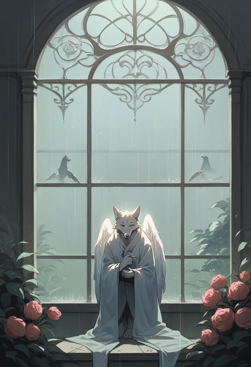 black and white charcoal angel wings brave queen
with water color purple tulip flowers beside a wolf,
inside blue rainy cloads