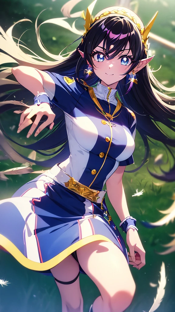 best quality, extremely detailed, anime style adult 1girl, long hair down to the waist, straight hair, ((dark black hair with bluish)),crown braid,beautiful detailed eyes, pinched eyes, dark blue eyes, huge breasts,curvy,((((human ear)))),(((princess motif jockey's racing uniform))),longskirt,((feather and colorful accessory)),((foppery shoes)),((((light smile)))),((((grassland)))),dash,animation cap,animated gif,((in precure style))