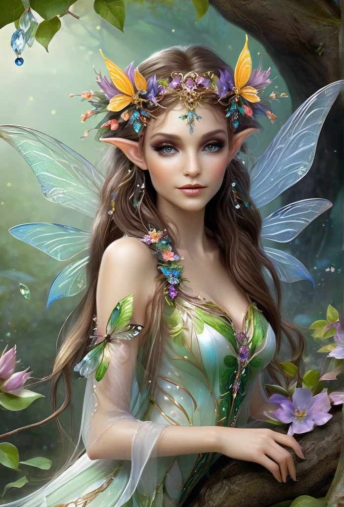 faerie,(fully body),elf ears,dragonfly wings, sensually sitting under a tree(( decorated with precious stones)),hair decorated with flowers, Branches and Leaves,around a scene of magic,with flowers,a bit of mist(high qualiy),(refined details),(work of art)