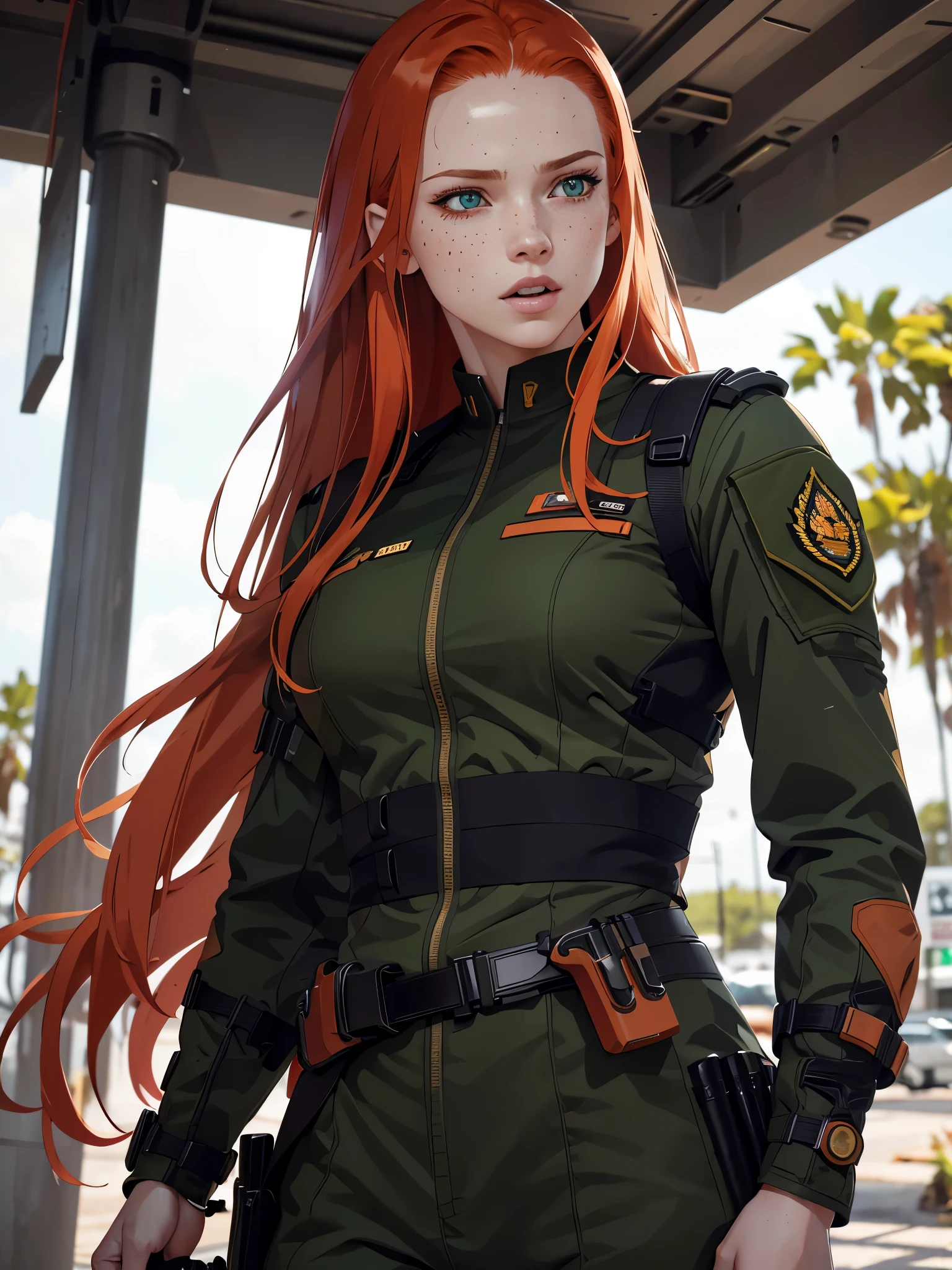 a red-haired girl with pale skin and freckles, long curly light orange hair, emerald green eyes with a sarcastic expression, muscular body wearing modern Brazilian military combat costumes, highly detailed and expressive face, (best quality,4k,8k,highres,masterpiece:1.2),ultra-detailed,(realistic,photorealistic,photo-realistic:1.37),portrait,concept art,dramatic lighting,vivid colors,intricate details, (Avoid deformed and poorly drawn eyes)
