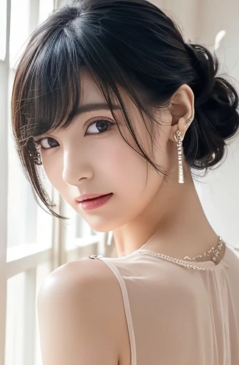 NSFW:1.2,(nude), ((Nipples)), (See-through:1.5), Silver lace thong bra, (((Very elegant and beautiful, Perfect detail, Very detailed))), whole body:1.5, The most detailed girl, Written boundary depth, 美しく詳細なwhole body, Thin legs, 1 Girl, Age 25, Very short hair, Spiked Hair, Beautiful detailed black hair, Perfect Face, Expressionless, Beautiful, detailed, deep eyes, Please open your mouth a little, Delicate arms and hands, Pale skin, Earrings, Beautiful and gorgeous necklace, Colorful background, HD background, Blurred Background, Very delicate and beautiful, masterpiece, (((Highest quality, Very beautiful 8K CG wallpaper))), (((Trendy hairstyles))), (Inside the room,Stylish interior,window),