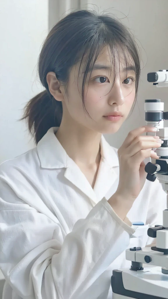 Highest quality, 8K, 1. Young Japanese female scientist, Laboratory, White, Looking through a microscope, Serious expression, ponytail, clean environment, Sharp focus, Professional photography, Upper Body, Intellectual atmosphere, High contrast lighting, Scientific equipment in the background