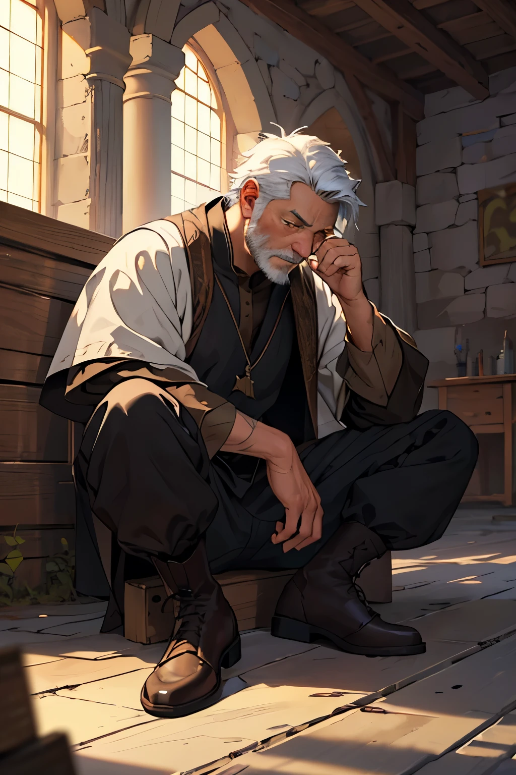 ((best qualityer)), ((work of art)), (detailded), 1 OLD MAN, magician, few scars, medieval world, facing the front, sitting on the floor, pondering
