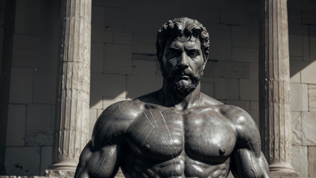 a portrait statue of the stoic Marcus Aurelius in black and white 4K, Super realistic ANCIENT GREEK RUINS, fully body, corpo stark, brawny, stark, wearing no shirt, tronco stark, stark, wearing no shirt, strong arms, 8K, ultra realisitic, cinematographic