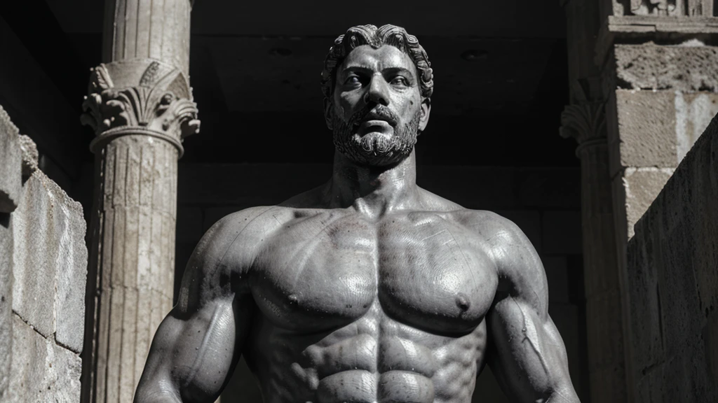 a portrait statue of the stoic Marcus Aurelius in black and white 4K, Super realistic ANCIENT GREEK RUINS, fully body, corpo stark, brawny, stark, wearing no shirt, tronco stark, stark, wearing no shirt, strong arms, 8K, ultra realisitic, cinematographic
