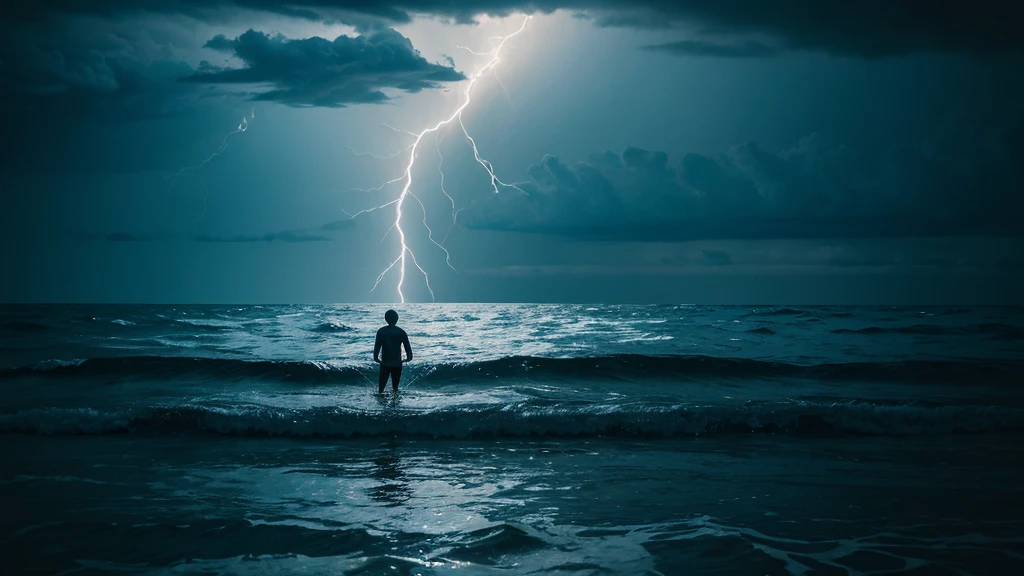 create an image of a person on their back and alone in water up to their neck in a rough sea at night, with just a reflection of lightning to illuminate the scene.