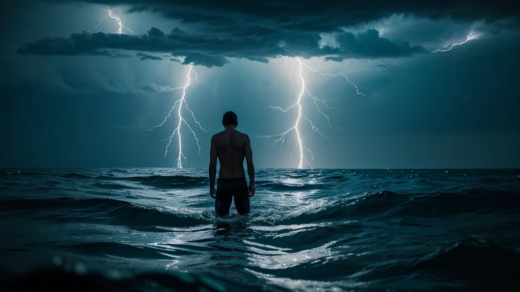 create an image of a person on their back and alone in water up to their neck in a rough sea at night, with just a reflection of lightning to illuminate the scene.