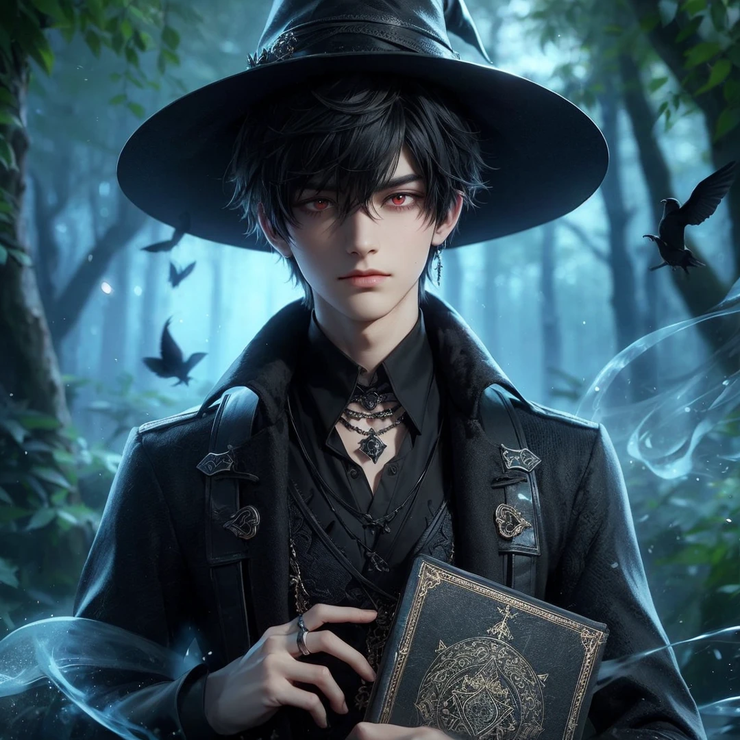 Handsome boy, black hair, red eyes, wearing black witch hat, wearing black witch clothes, holding a black magic book, magic forest background