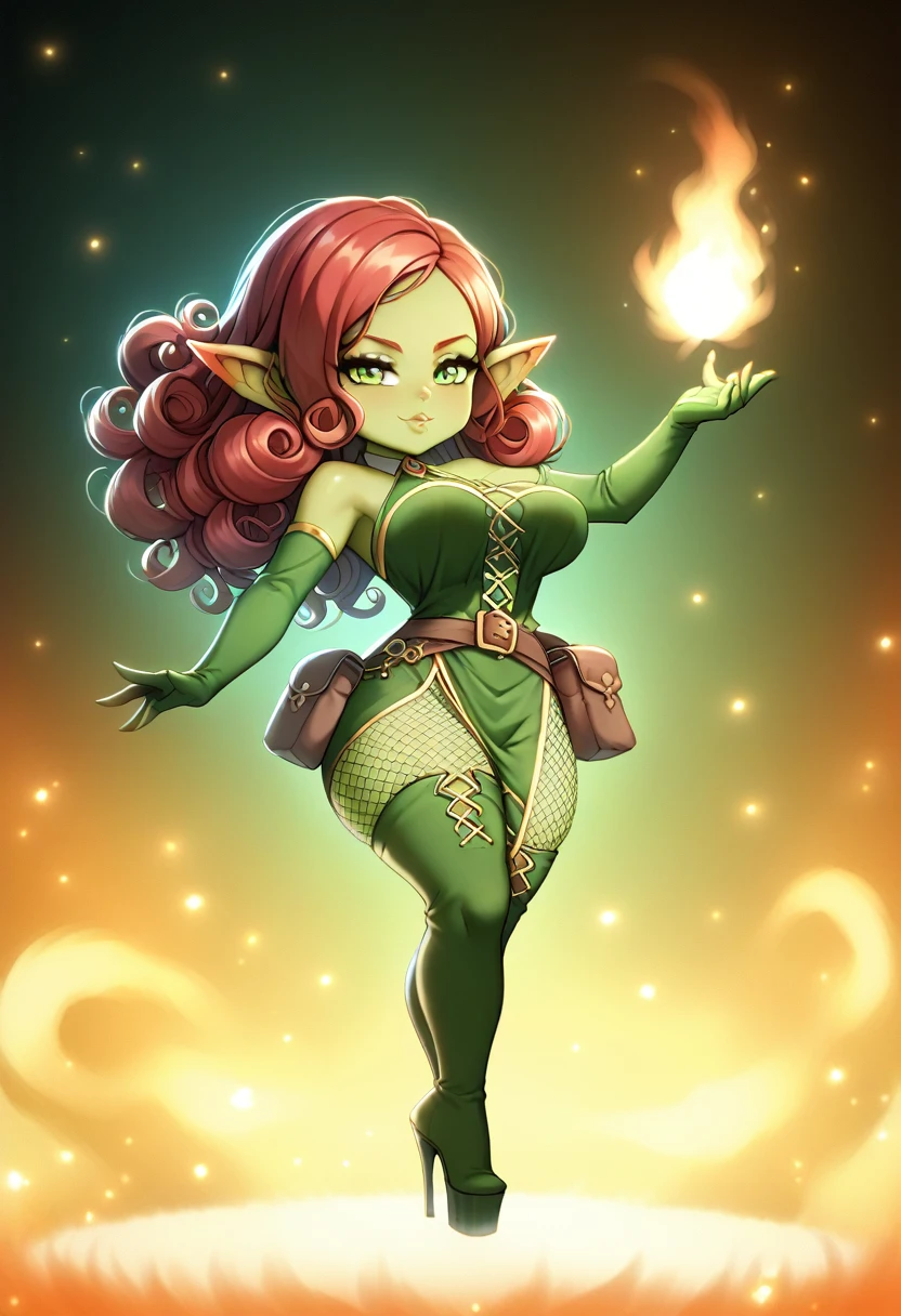 Girl, goblin girl, goblin, green skin, short, short stature,long hair, red hair, curly hair, large breasts, long gloves, thigh boots, pouty lips, masterpiece, best quality, sexy, dynamic pose, 8k, shortstack, sfw, shiny, fantasy, dungeons and dragons, high heels,  fishnets, holding, dark green skin, adventurer, sexy pose, sorcerer, sorceress, pyromancer, fire, magic, sexy dress, thigh pouch, very curly hair, belts, potions