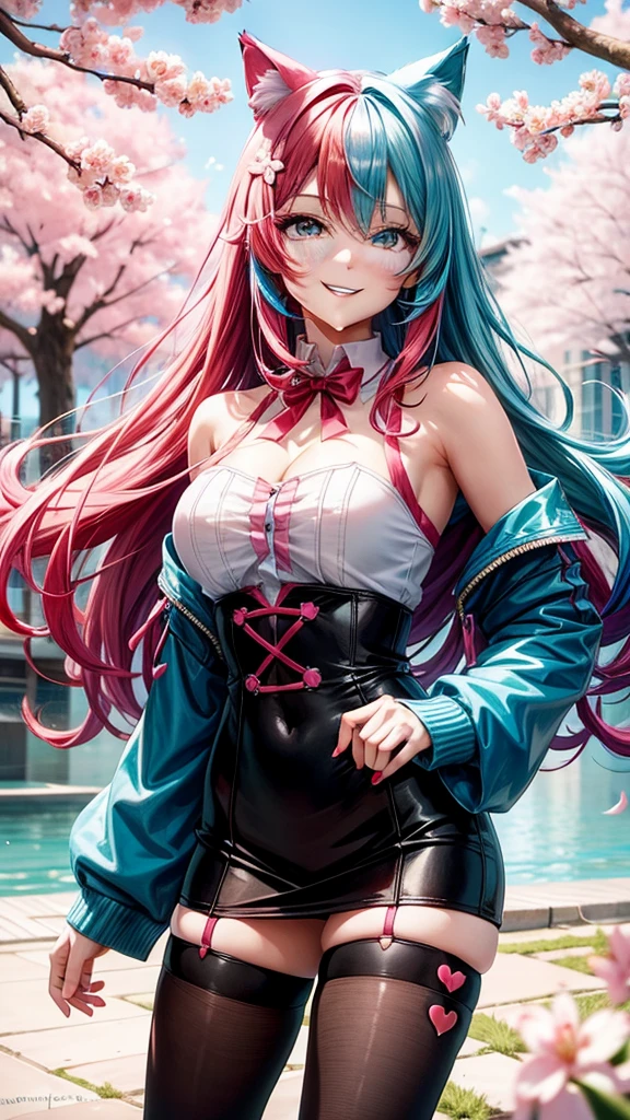 Half Red and blue  hair, pink eyes, woman, teal blue gold clothes,happy face, sexy, cat ears, hearts, floating hearts, thigh high tights,  long hair, smiling, cherry blossom, hair ornament