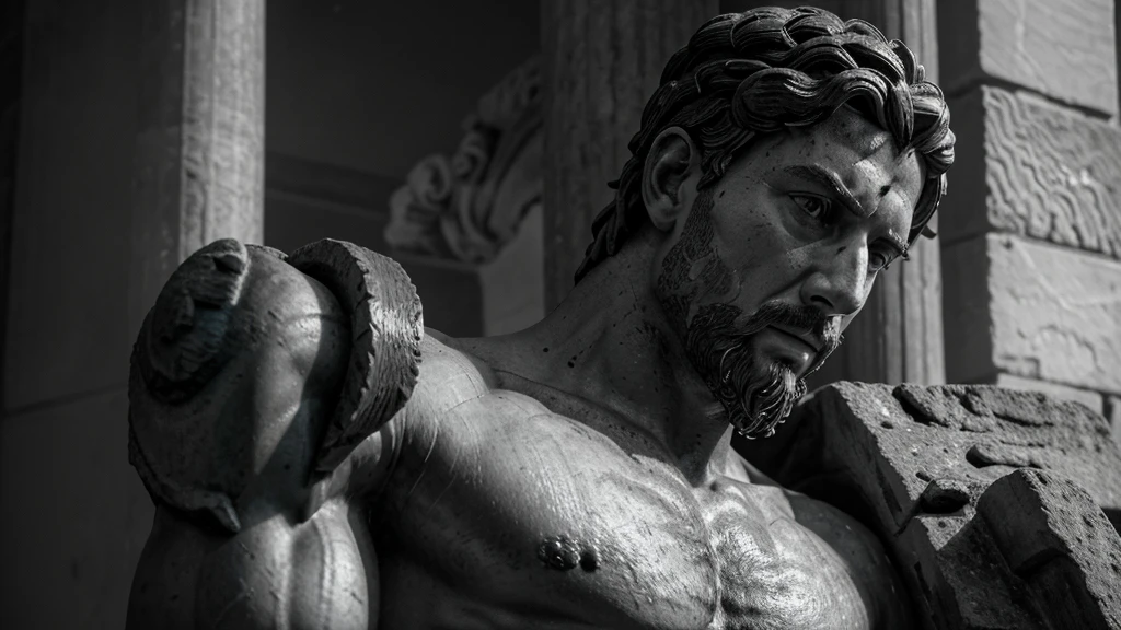 a portrait statue of the stoic Marcus Aurelius in black and white 4K, Super realistic ANCIENT GREEK RUINS, fully body, corpo stark, brawny, stark, wearing no shirt, tronco stark, stark, wearing no shirt, strong arms, 8K, ultra realisitic, cinematographic