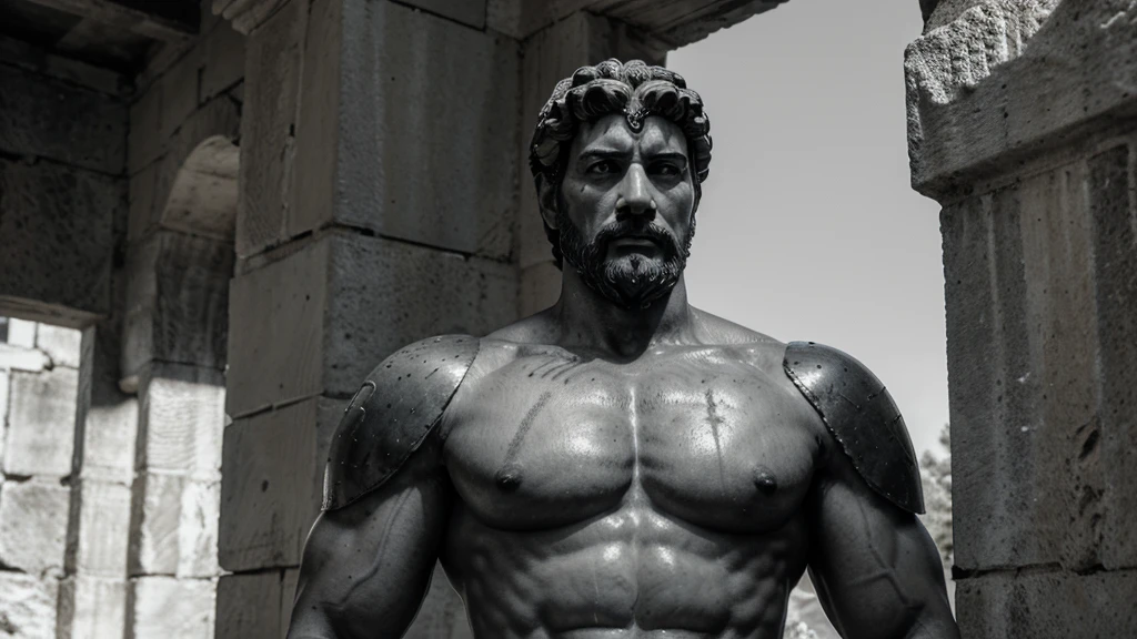 a portrait statue of the stoic Marcus Aurelius in black and white 4K, Super realistic ANCIENT GREEK RUINS, fully body, corpo stark, brawny, stark, wearing no shirt, tronco stark, stark, wearing no shirt, strong arms, 8K, ultra realisitic, cinematographic