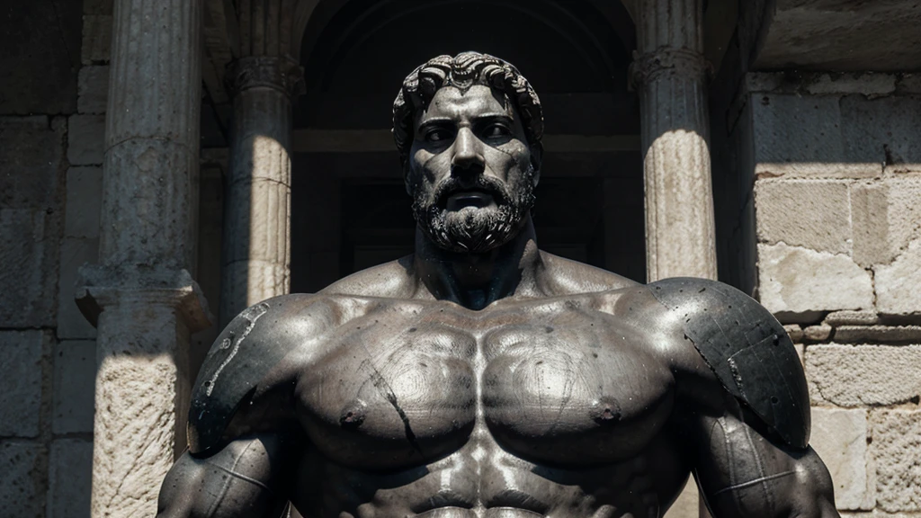 a portrait statue of the stoic Marcus Aurelius in black and white 4K, Super realistic ANCIENT GREEK RUINS, fully body, corpo stark, brawny, stark, wearing no shirt, tronco stark, stark, wearing no shirt, strong arms, 8K, ultra realisitic, cinematographic