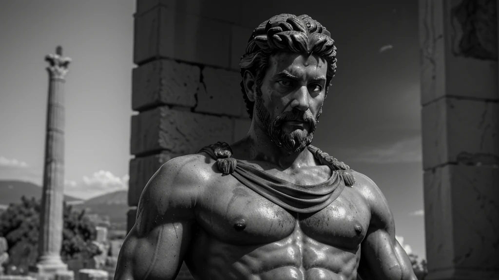a portrait statue of the stoic Marcus Aurelius in black and white 4K, Super realistic ANCIENT GREEK RUINS, fully body, corpo stark, brawny, stark, wearing no shirt, tronco stark, stark, wearing no shirt, strong arms, 8K, ultra realisitic, cinematographic