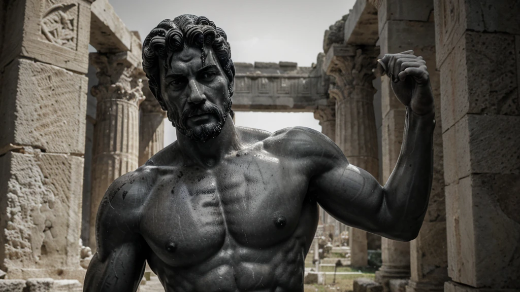 a portrait statue of the stoic Marcus Aurelius in black and white 4K, Super realistic ANCIENT GREEK RUINS, fully body, corpo stark, brawny, stark, wearing no shirt, tronco stark, stark, wearing no shirt, strong arms, 8K, ultra realisitic, cinematographic
