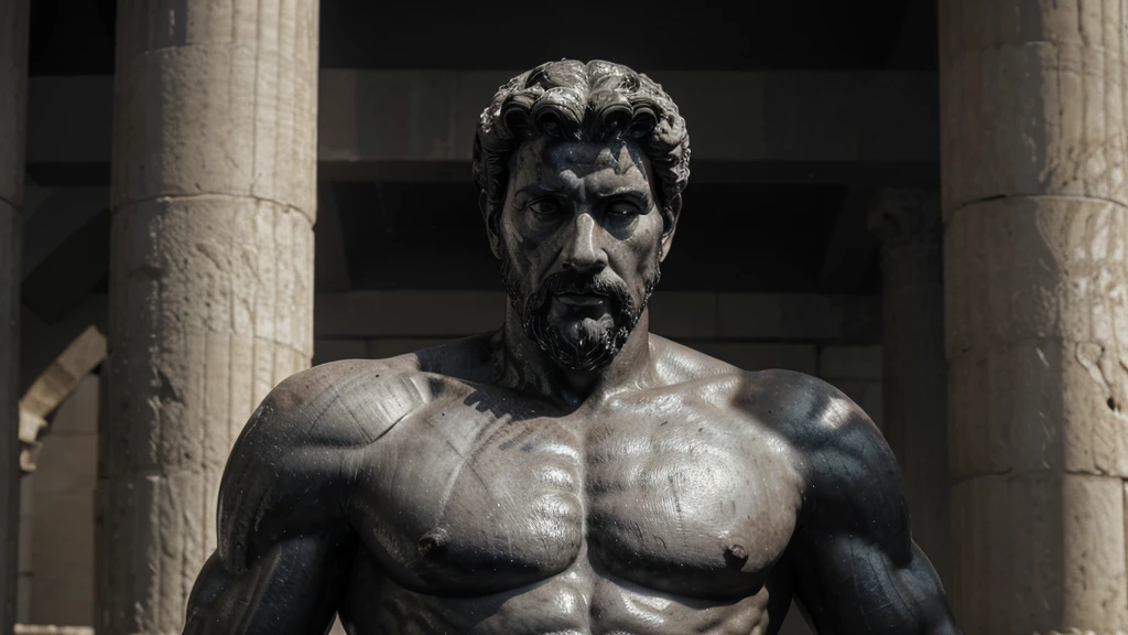 a portrait statue of the stoic Marcus Aurelius in black and white 4K, Super realistic ANCIENT GREEK RUINS, fully body, corpo stark, brawny, stark, wearing no shirt, tronco stark, stark, wearing no shirt, strong arms, 8K, ultra realisitic, cinematographic