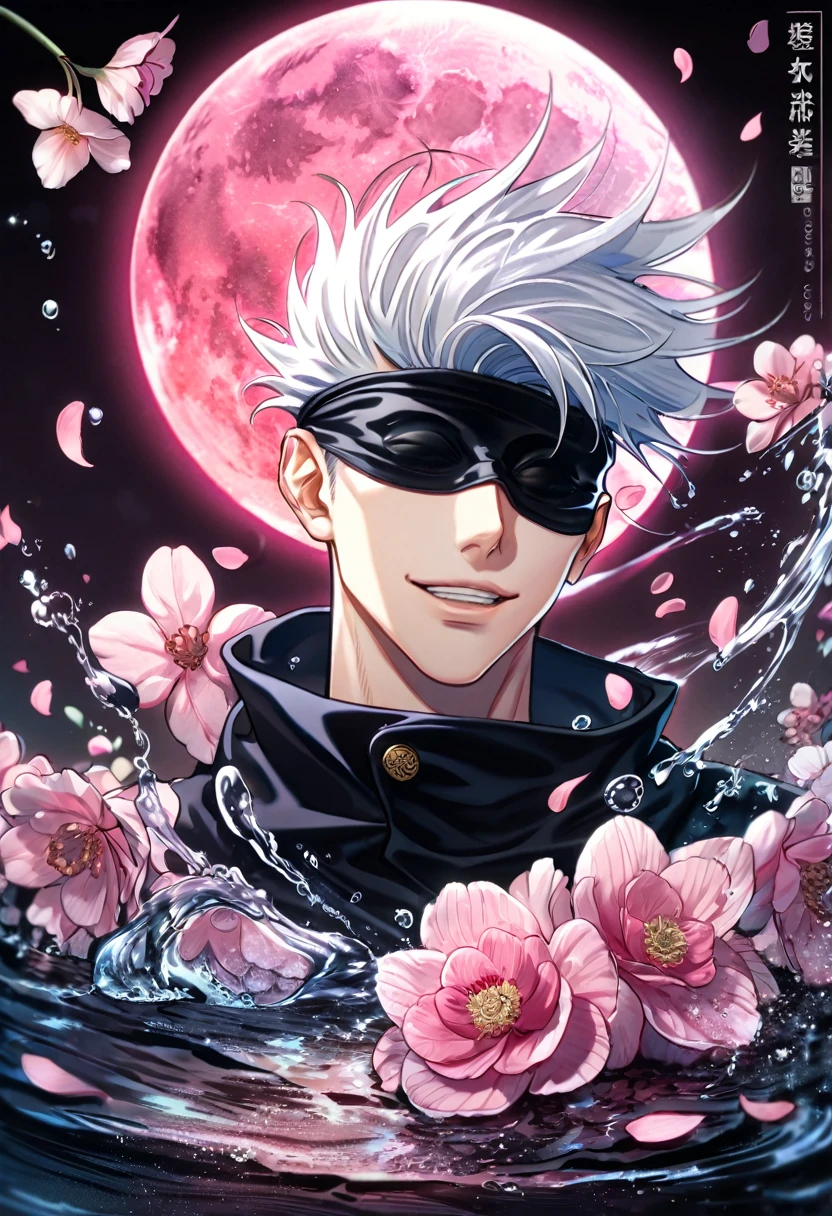absurdres, highres, ultra detailed, HDR, master piece, best quality, extremely detailed face, delicated features, Gojou Satoru, white hair, black blindfolded eyes, Jujutsu Kaisen, solo, sexy man, handsome, smile, black clothes, pink flowers, pink petals, water, magical, fantasy, pink moon, starry sky