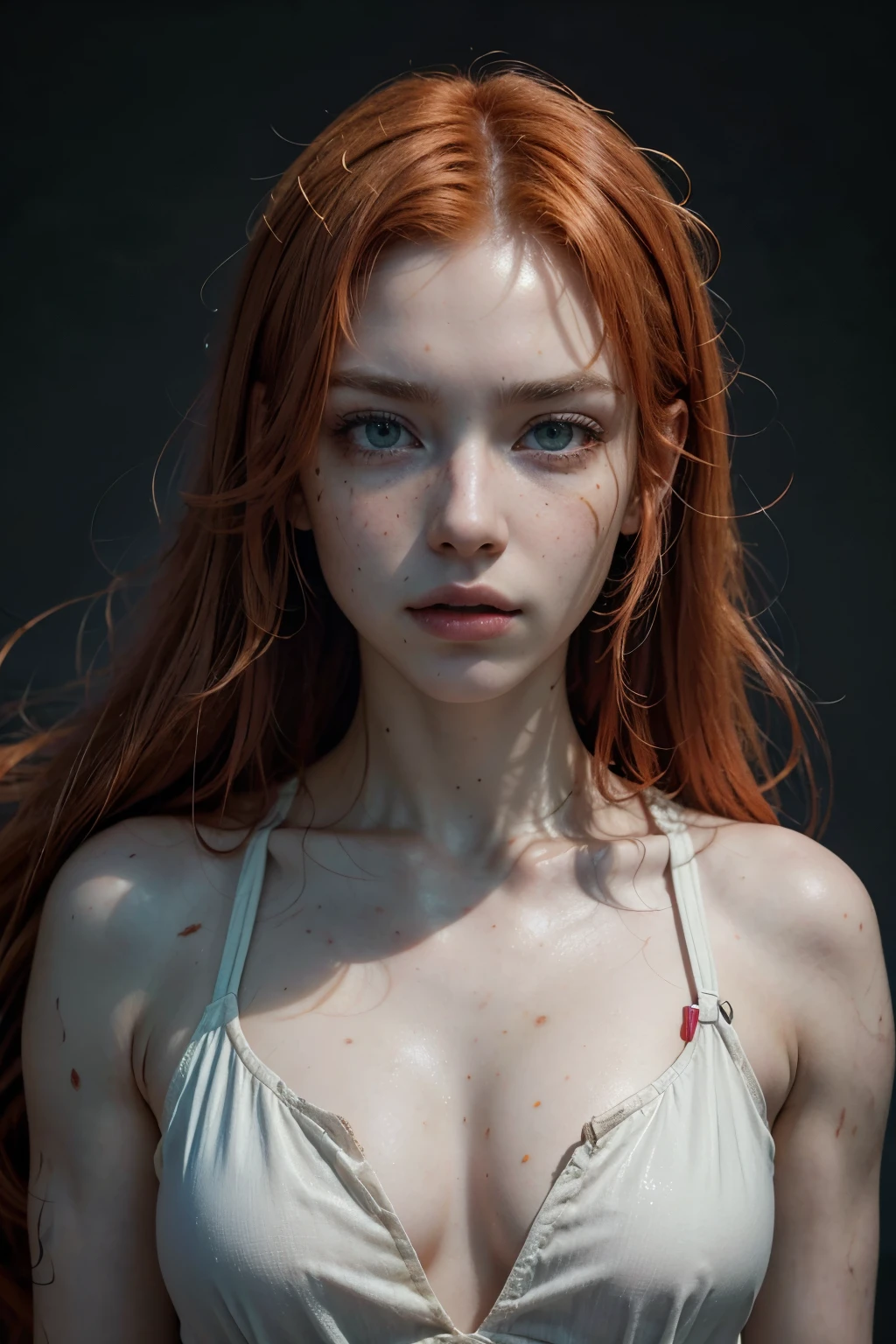 a red-haired girl with pale skin and freckles, long curly light orange hair, emerald green eyes with a sarcastic expression, muscular body wearing modern Brazilian military combat costumes, highly detailed and expressive face, (best quality,4k,8k,highres,masterpiece:1.2),ultra-detailed,(realistic,photorealistic,photo-realistic:1.37),portrait,concept art,dramatic lighting,vivid colors,intricate details, (Avoid deformed and poorly drawn eyes)