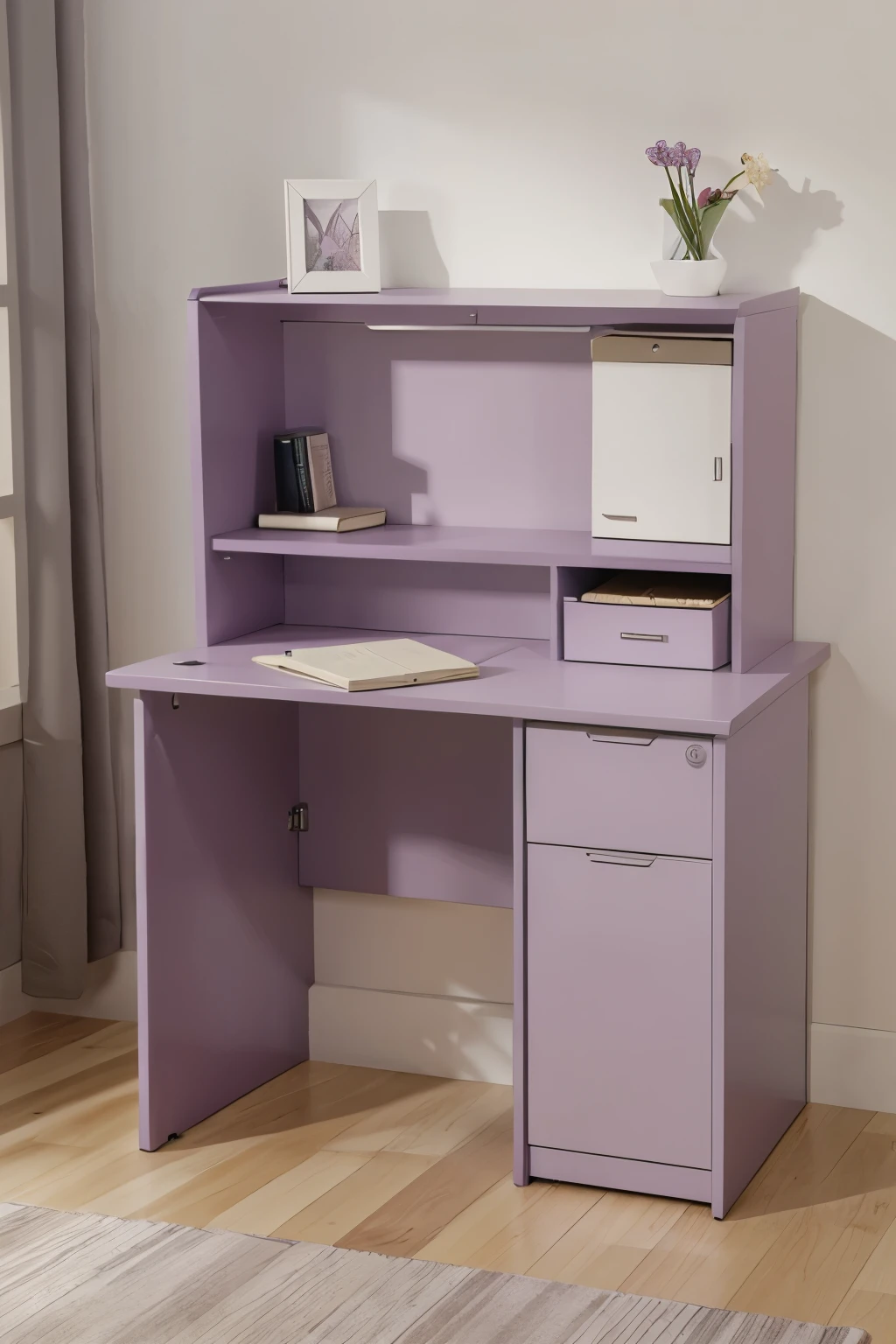 Small wide desk with drawers in the height of modern design and lilac color