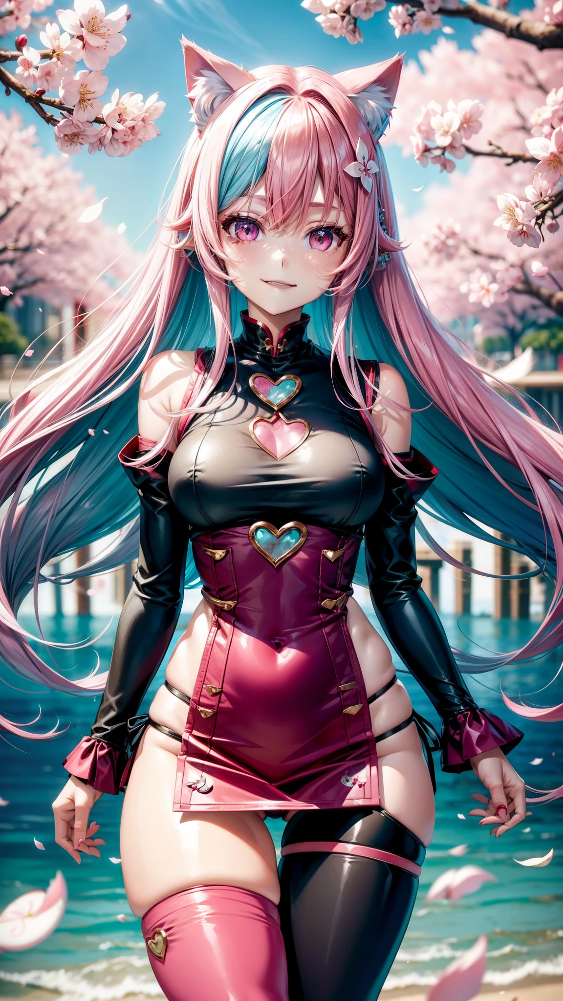 Half Red and silver hair, pink eyes, woman, teal blue gold clothes,happy face, sexy, cat ears, hearts, floating hearts, thigh high tights,  long hair, smiling, cherry blossom, hair ornament
