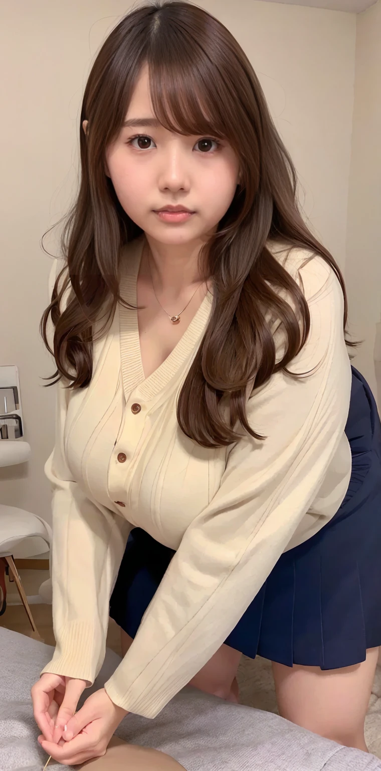 (Highest quality、Highest quality、Raw quality)、Japanese ID, Mature Woman, ((Chubby round face around 40 years old)), Wavy black hair with no bangs, Medium Long Hair, ponytail, Flashy makeup, Fuller lips, Sexy Gaze, uniform, ((dressing)), looking at the camera, Low angle shooting, Cute duck lips,((Very accurate and correct anatomy)),  (masterpiece:1.3), Perfect proportions, Realistic photos, Full Shot, whole body, (height: 148cm), High heels