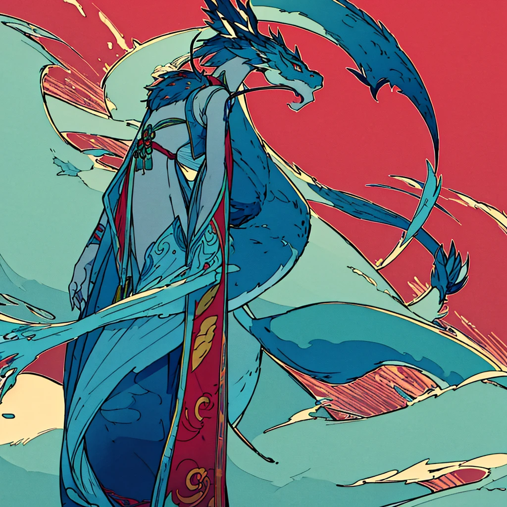 A hybrid teenage chinese dragon boy, medium and slim body, turquoise scales, thin arms, short messy dark turquoise hair, a horn on the forehead, small pointed ears with traditional red earrings, pale rainbow colored eyes, playful and serious gaze, sharp claws, wearing traditional japanese style white and turquoise clothes with red patterns, long chinese dragon tail with turquoise patterns, Full body, firm and dominant pose, with a boat in his right hand 