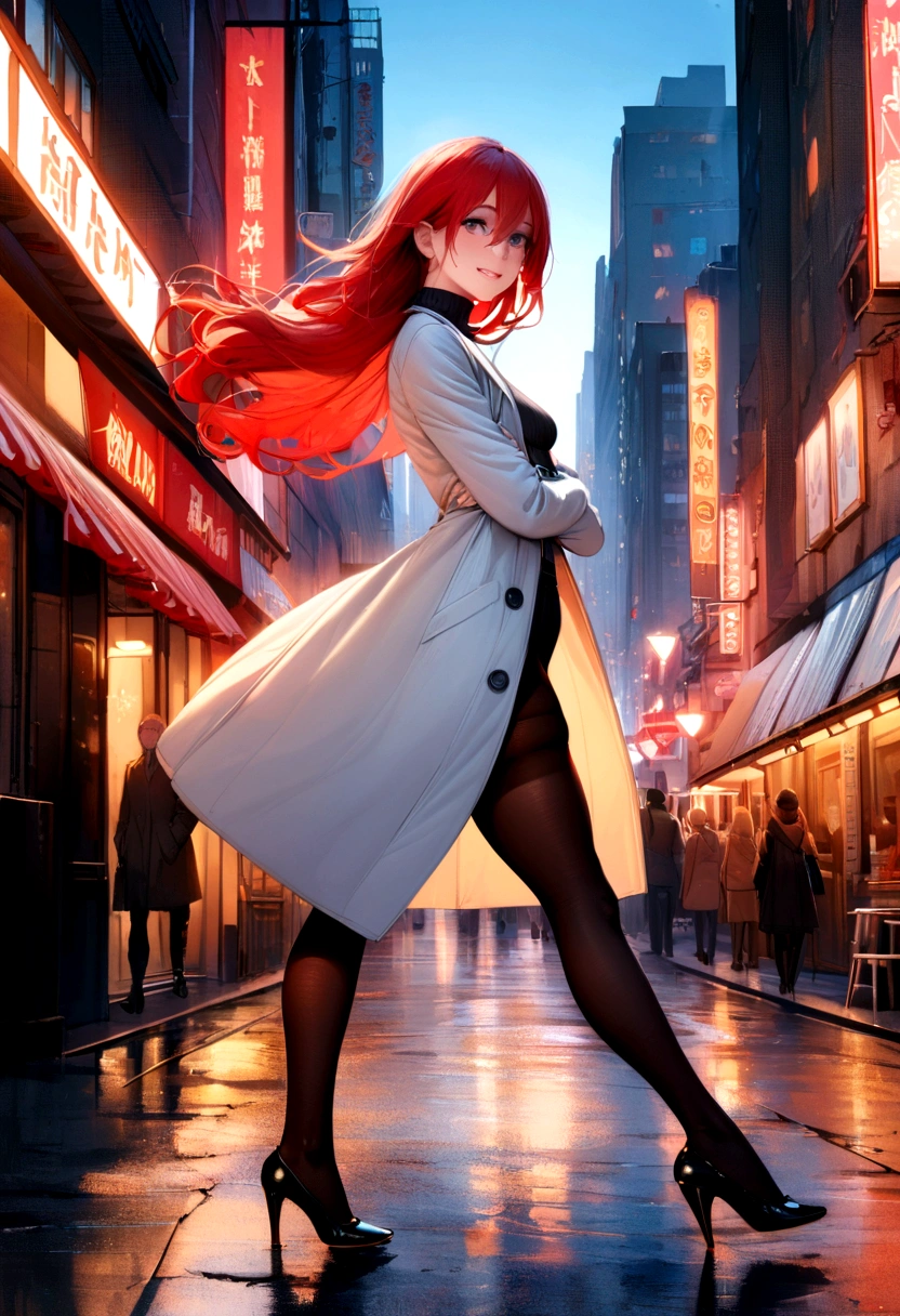 (masterpiece, photorealistic,best quality,beautiful detailed eyes,intricate details,from side,skindentation,pov),solo,1girl,,long hair,mature,(eyes RED and GOLD ,raised eyebrows,sad smile,),full body,standing,hair between eyes,red hair, grandes peitos, (blue sky ,light atmosphere),(small breasts,white trench coat,turtleneck sweater,pantyhose,high black heel),walking street,arms folded,new york