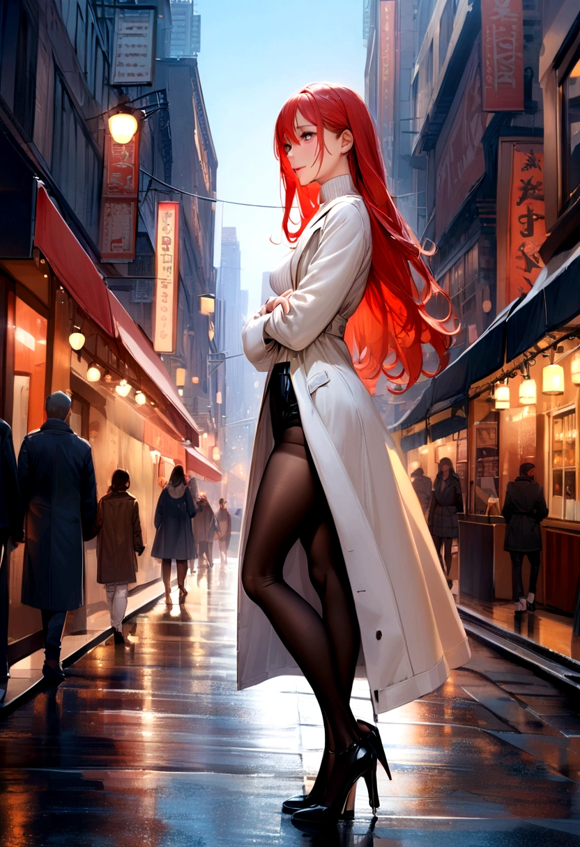 (masterpiece, photorealistic,best quality,beautiful detailed eyes,intricate details,from side,skindentation,pov),solo,1girl,,long hair,mature,(eyes RED and GOLD ,raised eyebrows,sad smile,),full body,standing,hair between eyes,red hair, grandes peitos, (blue sky ,light atmosphere),(small breasts,white trench coat,turtleneck sweater,pantyhose,high black heel),walking street,arms folded,new york