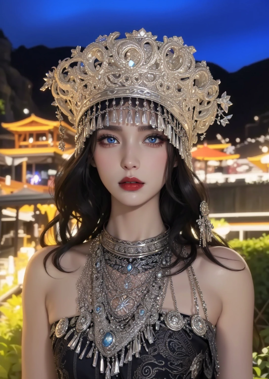 Royal sisters，Exquisite eyes，Frozen queen，Put the crown on your head，Detailed facial expressions body，tall and big，Glamorous characters，Leg length，4K，HD，The look，White translucent lace，白皙Full figure，Little cherry mouth，Beautiful and lovely，Full figure，Glossy Gel Coat，Vampire Queen in luxurious gown，Have a tattoo(Intricate tattoo designs)，The tattoo is very three-dimensional，Ice Princess，Rich facial details，Eyes are blue(Pupils as deep as the starry sky)，Gorgeous silk(Silky reflective)，Wear dark red lipstick，Gorgeous clothing，