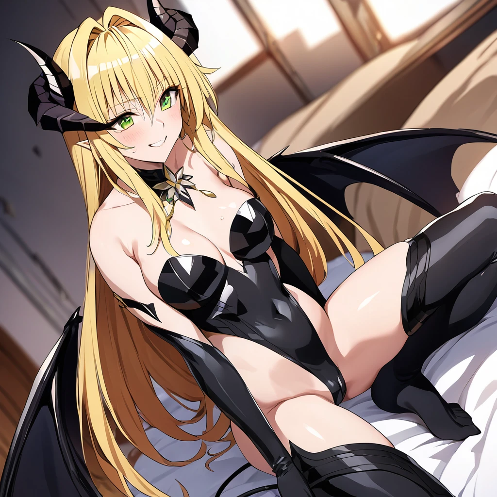 ((Highest quality)), ((masterpiece)), (detailed), (Perfect Face)、The woman is a naked demon queen, Devil Queen Tiare, wearing a shiny black, provocative full-body suit decorated with gold, a sexy female demon, Devil Queen Tiare.、The woman is a female demon with magnificent devil horns, jet black devil wings and a jet black tail. She is looking at the camera with a happy expression, a demon named Tiare, with green eyes, blonde medium-long hair and the expression of a maiden in love.、The woman is Tiare